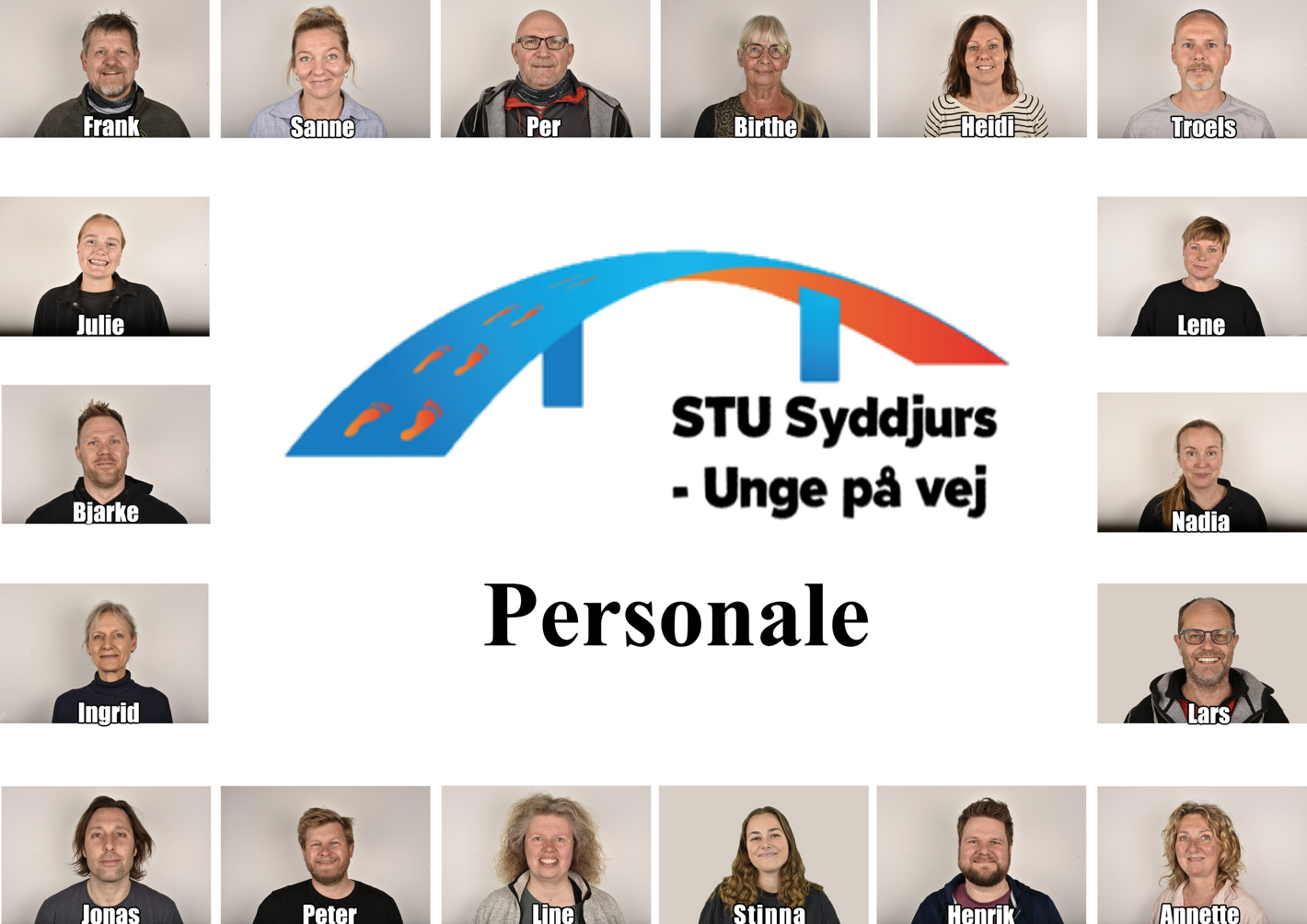 Billede af STUs medarbejdere: Frank, Sanne, Per, Birthe, Heidi, Troels, Lene, Nadia, Lars, Annette, Henrik, Stinna, Line, Peter, Jonas, Ingrid, Bjarke, Julie,